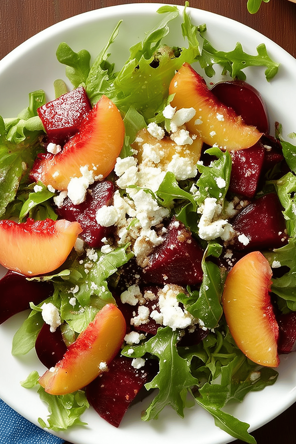 Nectarine and Beet Salad with feta cheese, fresh greens, and balsamic dressing