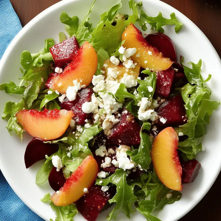 Nectarine and Beet Salad with feta cheese, fresh greens, and balsamic dressing