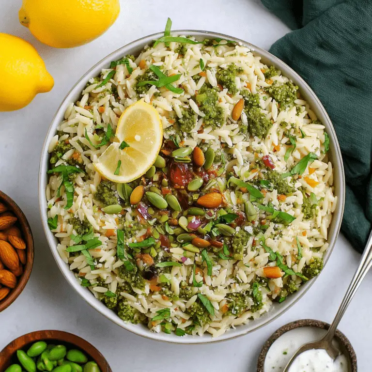 Creamy Pesto Orzo Salad with pesto, peas, ricotta, and pistachios
