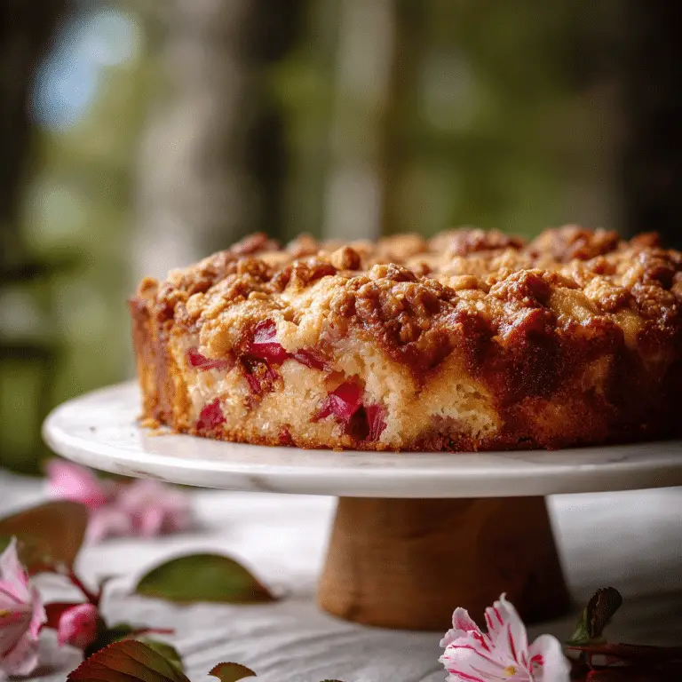 Rhubarb Streusel Coffee Cake topped with cinnamon crumble
