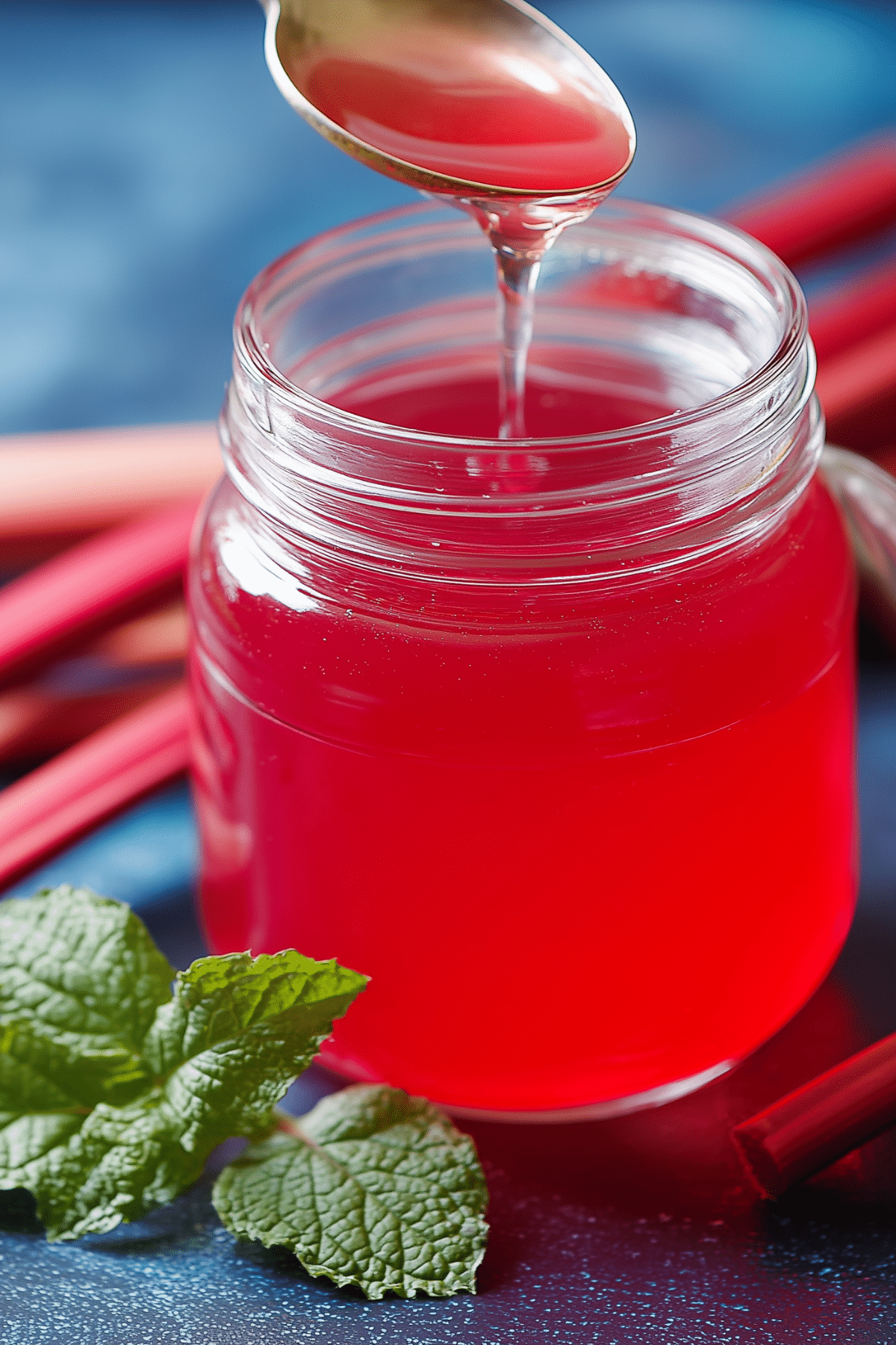 Rhubarb syrup in a jar with fresh rhubarb stalks