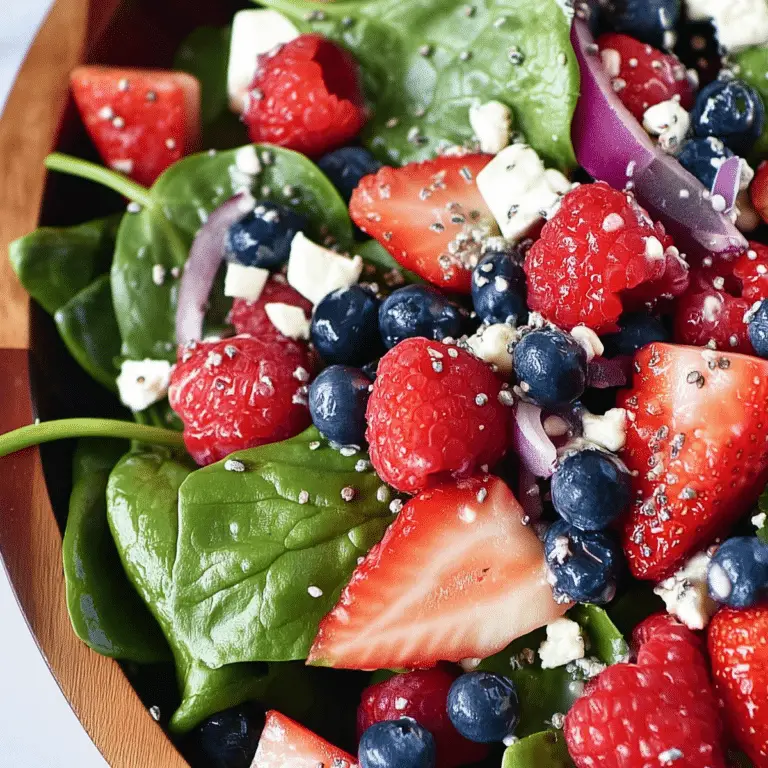 Spinach Berry Salad with Sweet Poppy Seed Dressing served fresh with berries and feta cheese