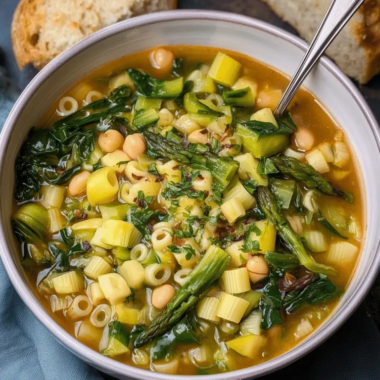 Hearty Minestrone soup with vegetables, beans, and pasta in a rustic bowl