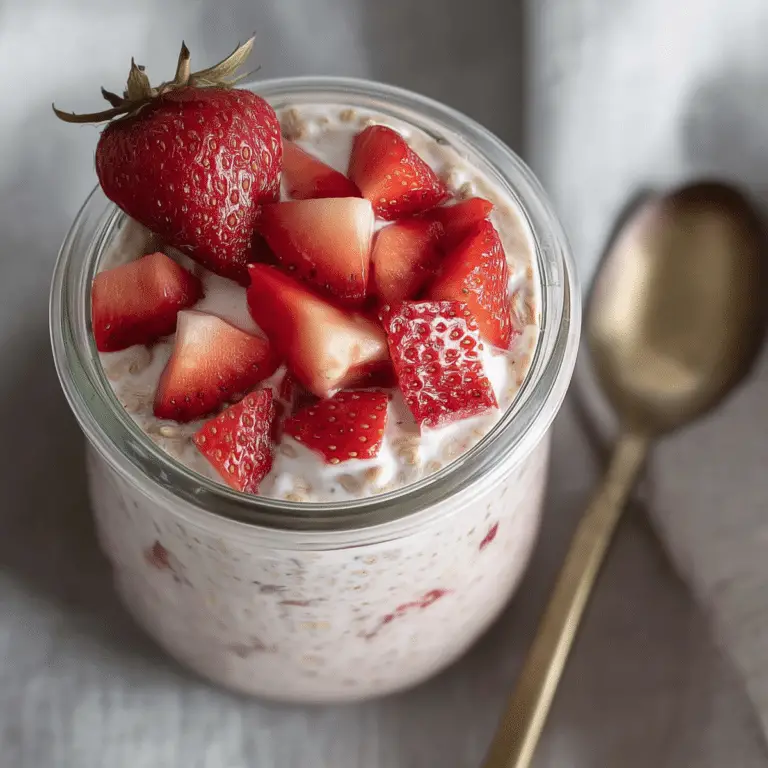 Strawberries and Cream Overnight Oats with Yogurt in a mason jar