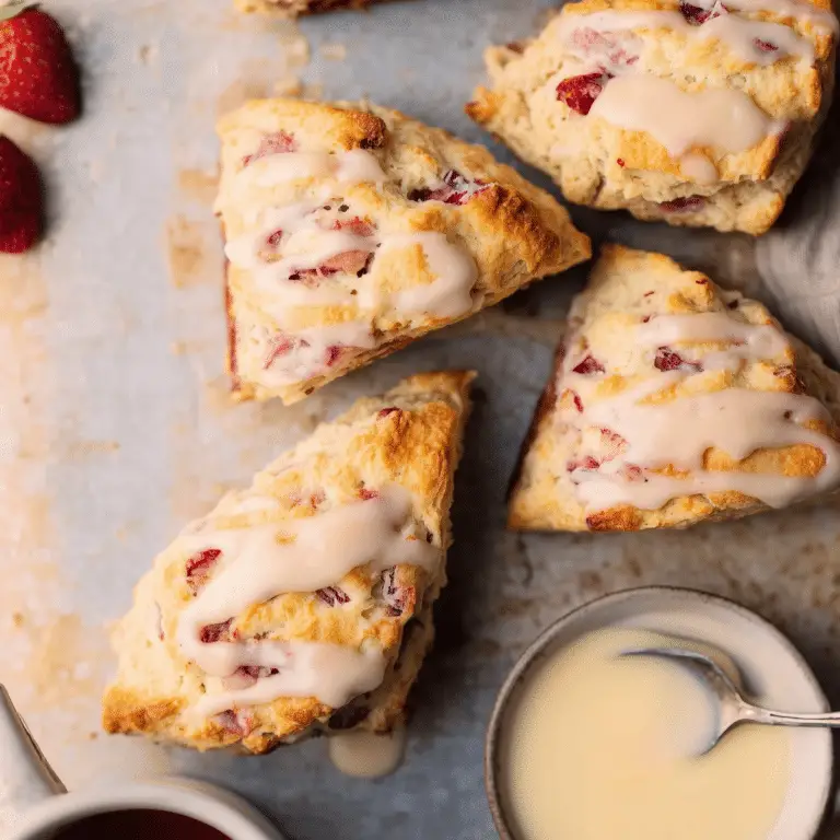 Freshly baked Strawberry Buttermilk Scones with lemon glaze on a plate