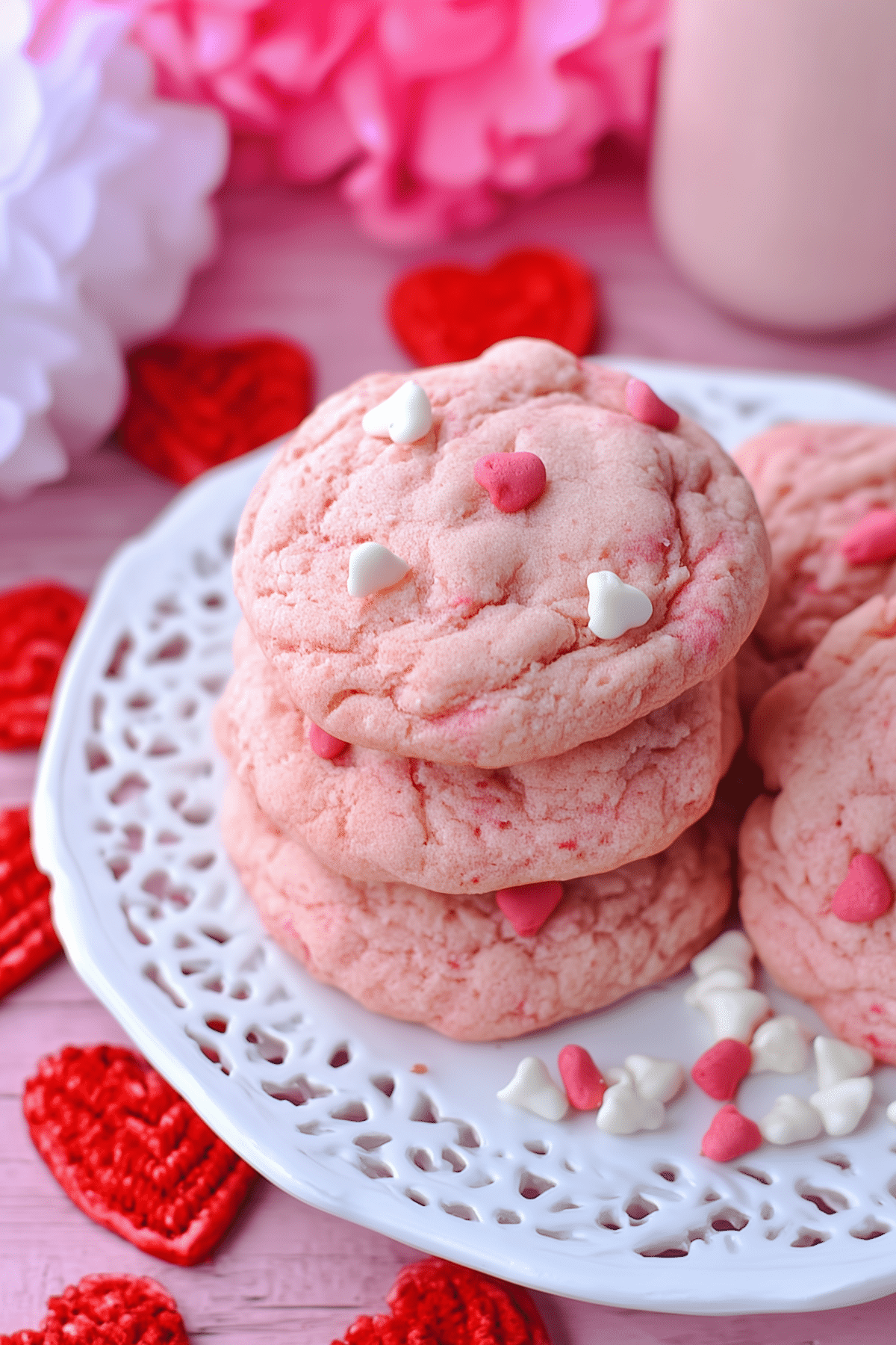 Freshly baked Strawberry Milkshake Cookies on a cooling rack