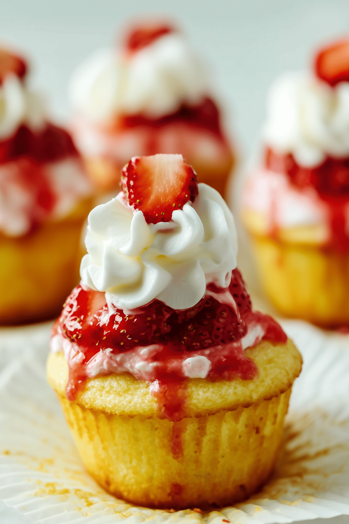 Strawberry Shortcake Cupcakes with whipped cream and fresh strawberries