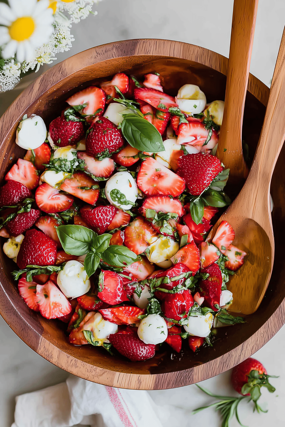 Summer Strawberry Caprese Salad with strawberries, mozzarella, basil, and balsamic glaze