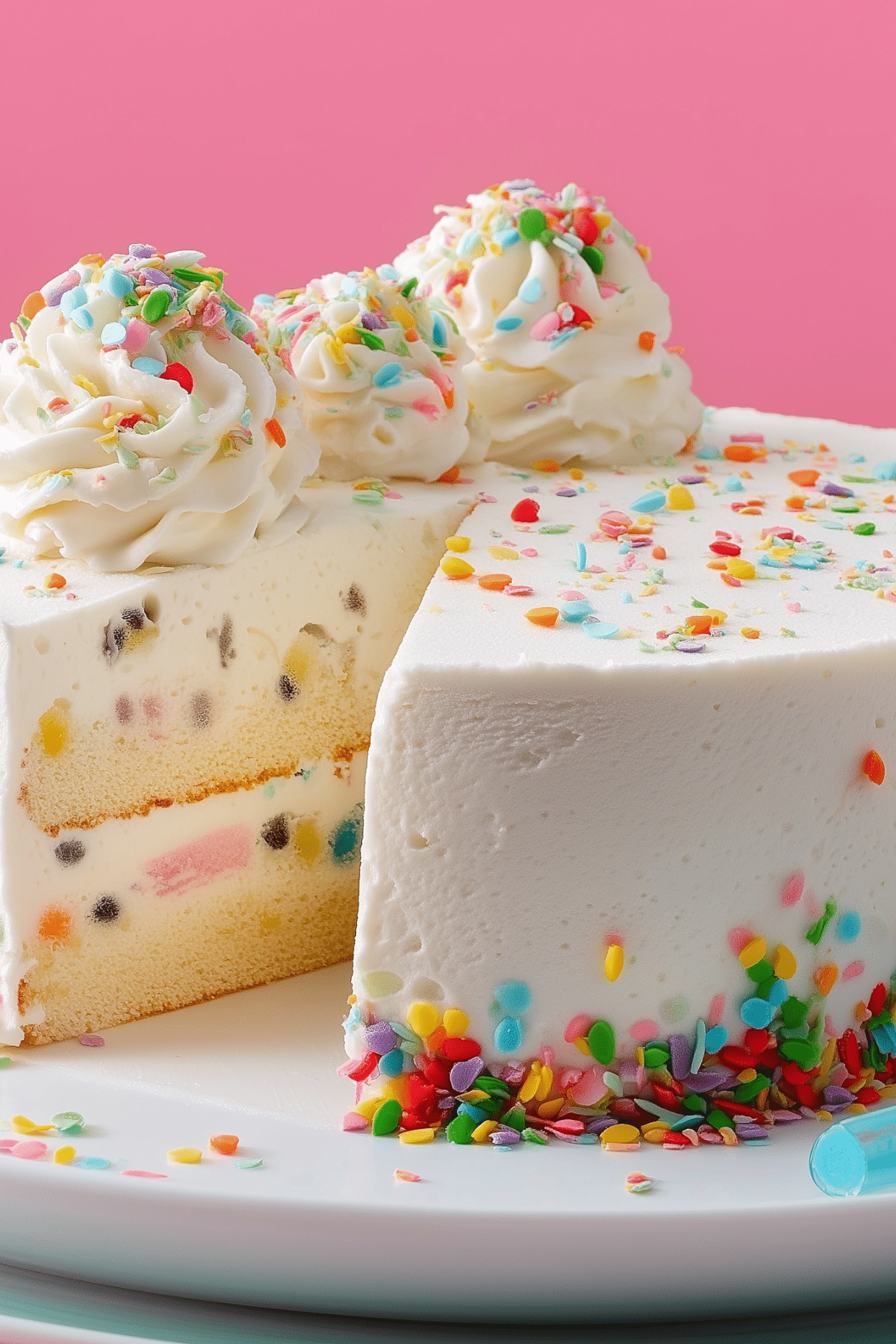 Creamy Vanilla Ice Cream Cake with layered cake and whipped topping