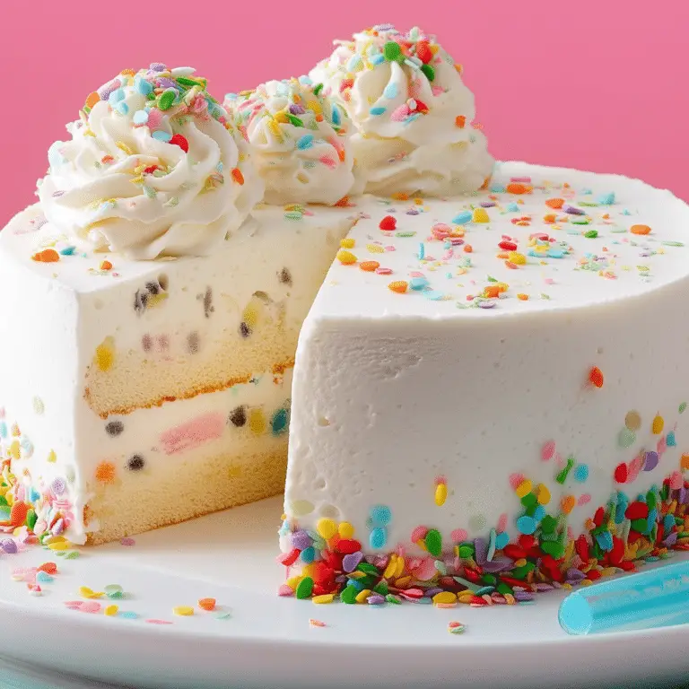Creamy Vanilla Ice Cream Cake with layered cake and whipped topping